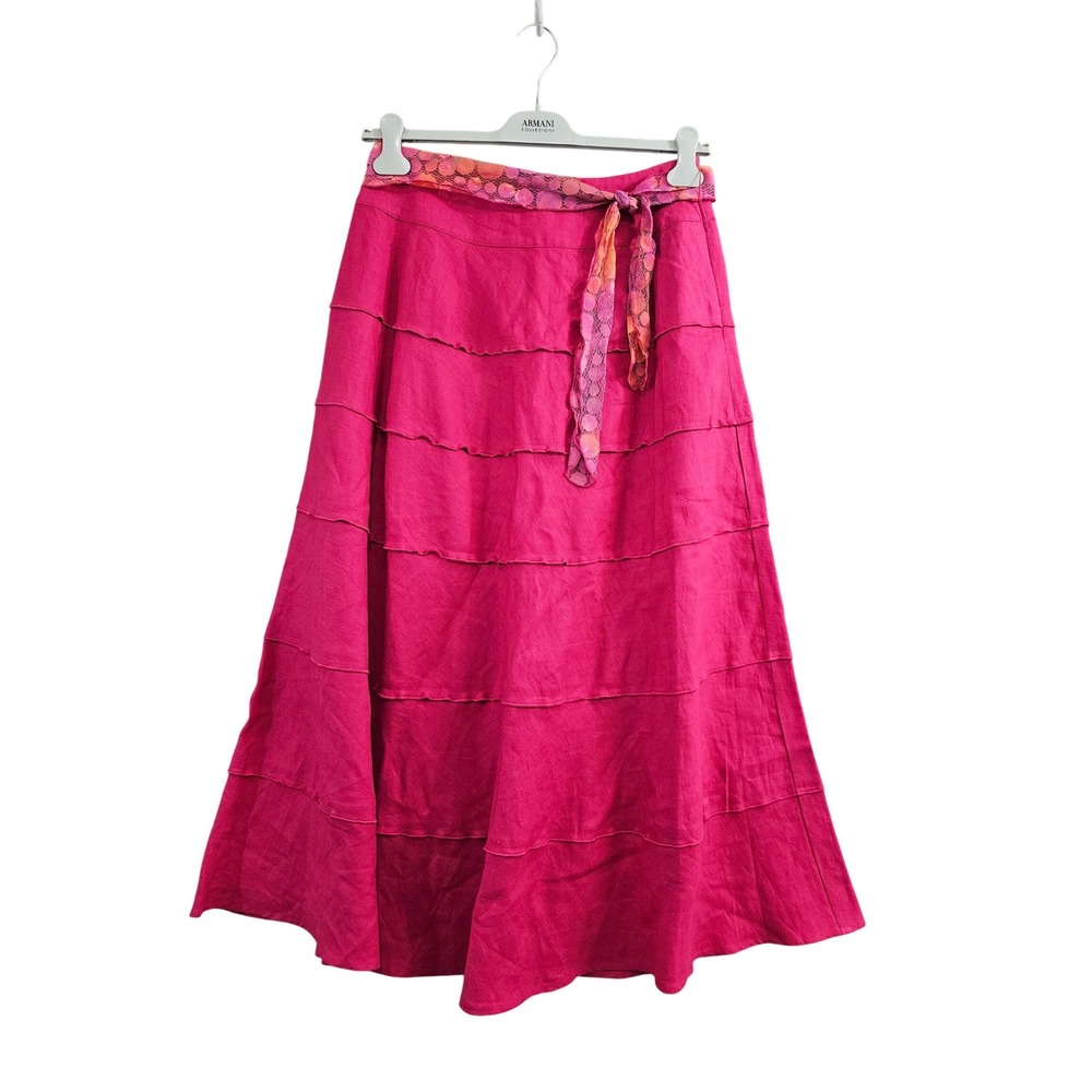 Multiples Maxi Skirt Womens 6 Pink 100% Linen Tiered Ruffle Belted A-Line Boho
